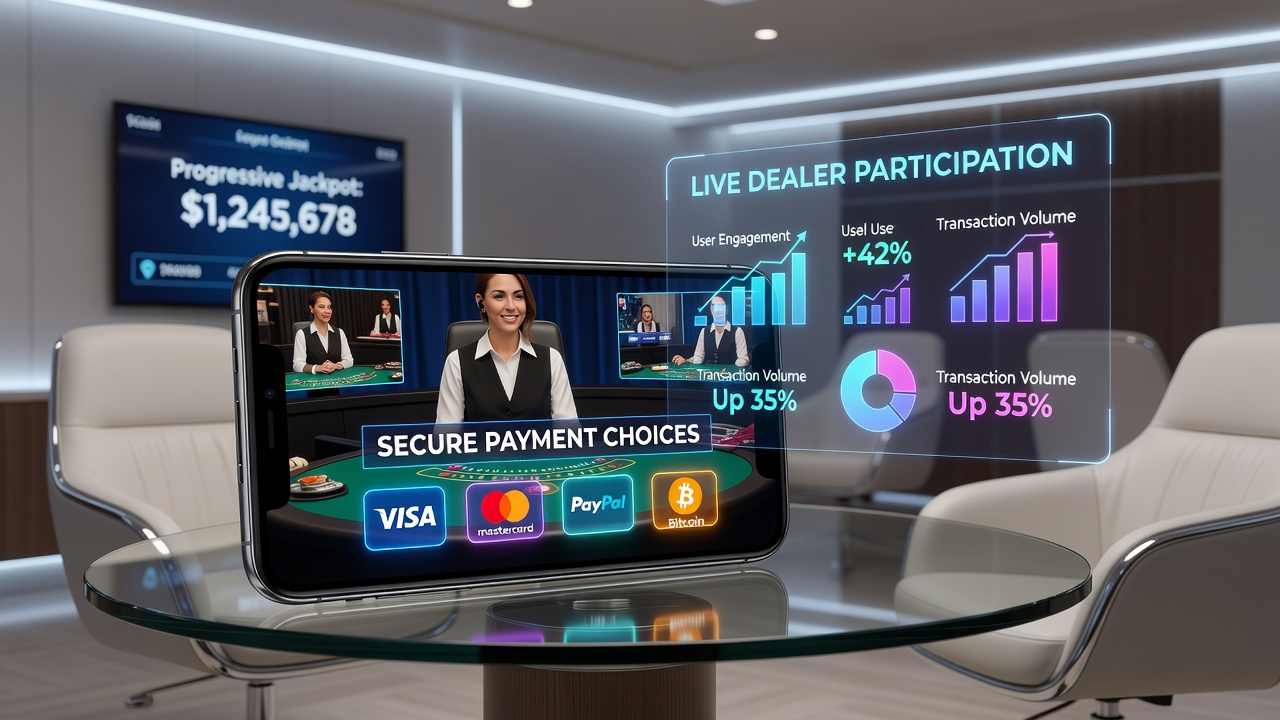 Live dealer table interface on a smartphone showing jackpot meter and payment confirmation